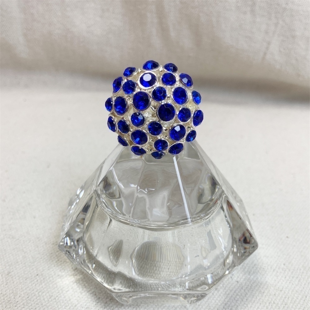 Silver Tone Deep Blue Crystal Rhinestone Cluster Large Dome Ring Statement